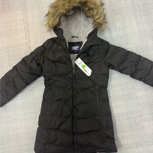 Lands’ End Black Kids' Puffer Coat with Faux Fur Trim Hood